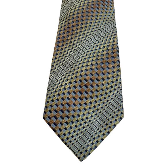 Roberto Villini Geometric Silk Designer Tie Gold Blue Brown EUC - Picture 2 of 6